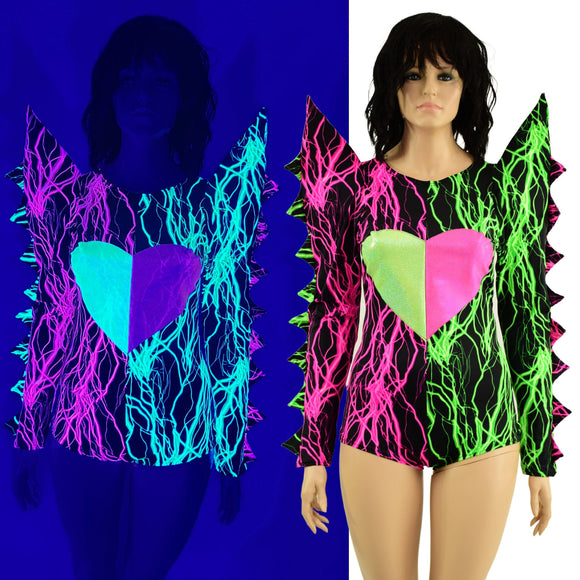Neon UV Glow Color Split Broken Heart Romper with Spiked Mega Sharp Shoulders - Coquetry Clothing