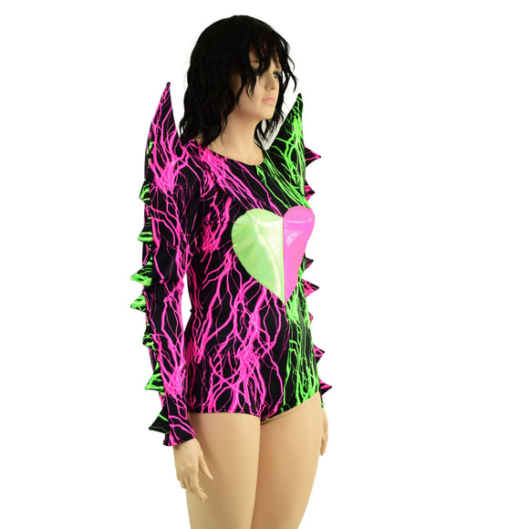 Neon UV Glow Color Split Broken Heart Romper with Spiked Mega Sharp Shoulders - Coquetry Clothing