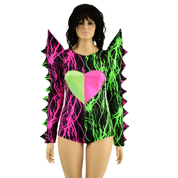 Neon UV Glow Color Split Broken Heart Romper with Spiked Mega Sharp Shoulders - Coquetry Clothing