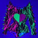 Neon UV Glow Color Split Broken Heart Romper with Spiked Mega Sharp Shoulders - Coquetry Clothing