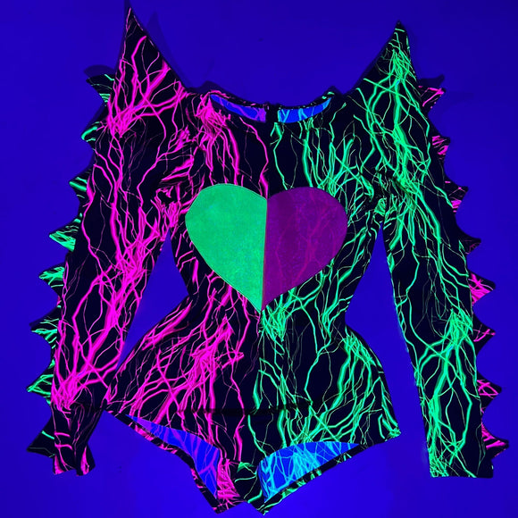 Neon UV Glow Color Split Broken Heart Romper with Spiked Mega Sharp Shoulders - Coquetry Clothing