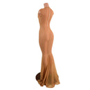 Nude Mesh Puddle Train Gown with Scoop Neck - Coquetry Clothing