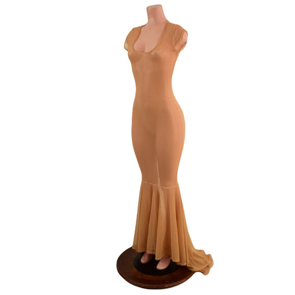 Nude Mesh Puddle Train Gown with Scoop Neck - Coquetry Clothing