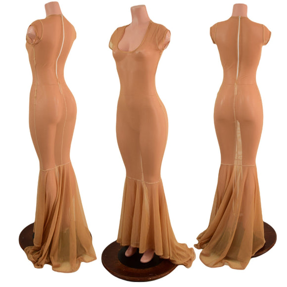 Nude Mesh Puddle Train Gown with Scoop Neck - Coquetry Clothing