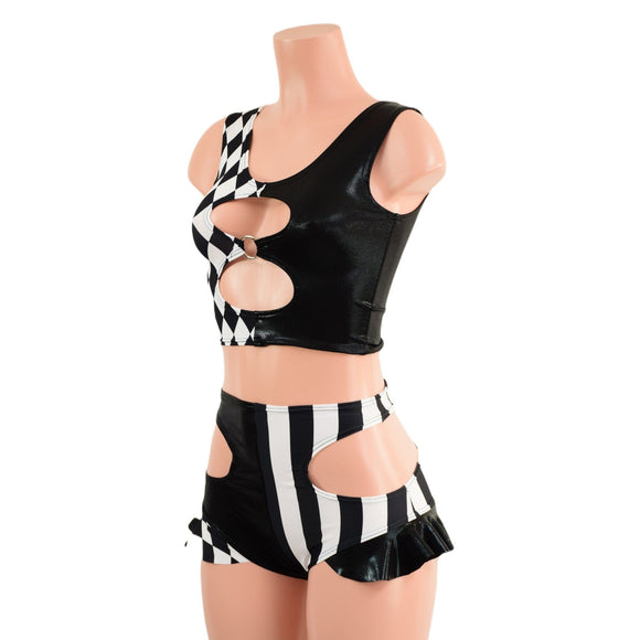 O - ring Cutout Crop Tank and High Waist Siren Shorts Hipnotic Cutouts and Hip Ruffles - Coquetry Clothing