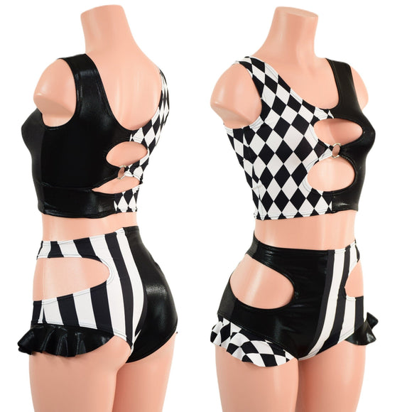O - ring Cutout Crop Tank and High Waist Siren Shorts Hipnotic Cutouts and Hip Ruffles - Coquetry Clothing