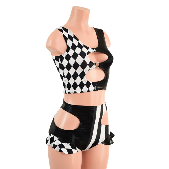 O - ring Cutout Crop Tank and High Waist Siren Shorts Hipnotic Cutouts and Hip Ruffles - Coquetry Clothing
