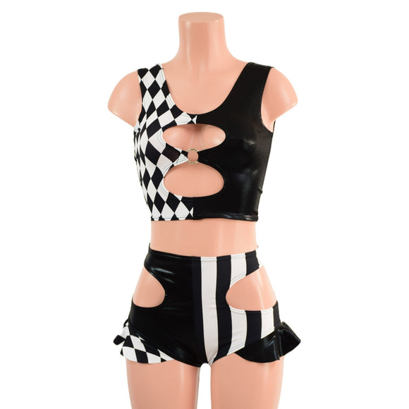 O - ring Cutout Crop Tank and High Waist Siren Shorts Hipnotic Cutouts and Hip Ruffles - Coquetry Clothing