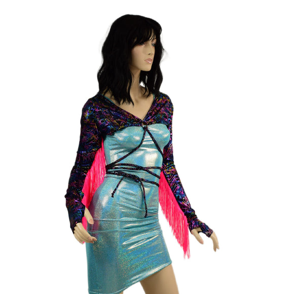 O - ring Front Bolero with Removable Body Wrap Tie, Fringe and Thumbholes - Coquetry Clothing