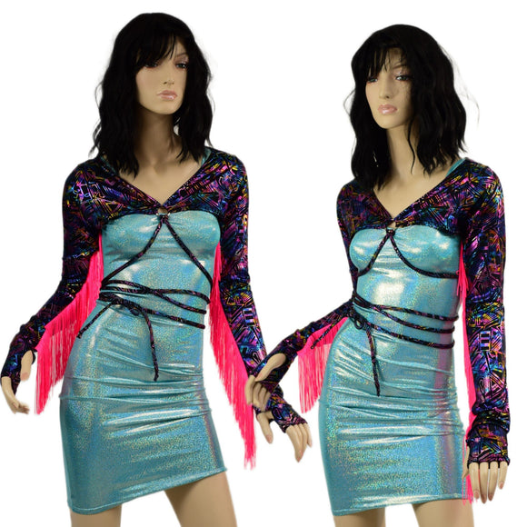 O - ring Front Bolero with Removable Body Wrap Tie, Fringe and Thumbholes - Coquetry Clothing