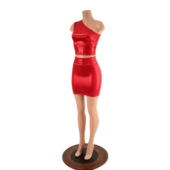 Red Sparkly One Shoulder Crop Top & Bodycon Skirt Set - Coquetry Clothing