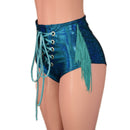 Ocean Sparkle Laceup Front Siren Shorts with Dusty Jade Fringe - Coquetry Clothing