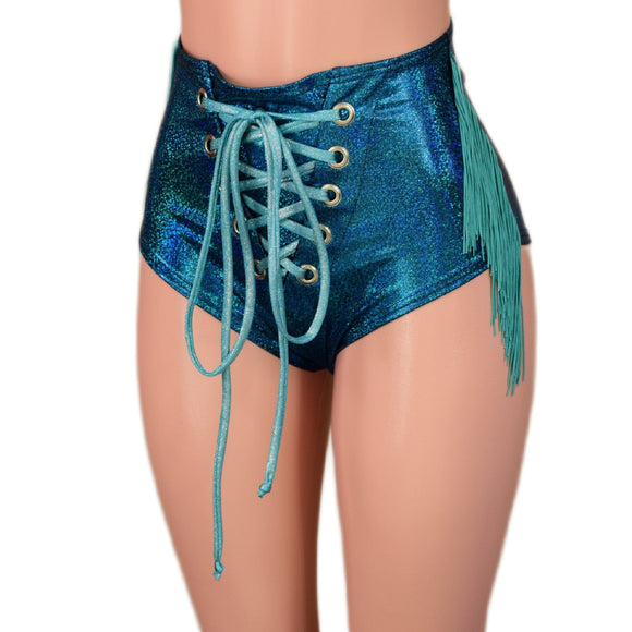 Ocean Sparkle Laceup Front Siren Shorts with Dusty Jade Fringe - Coquetry Clothing
