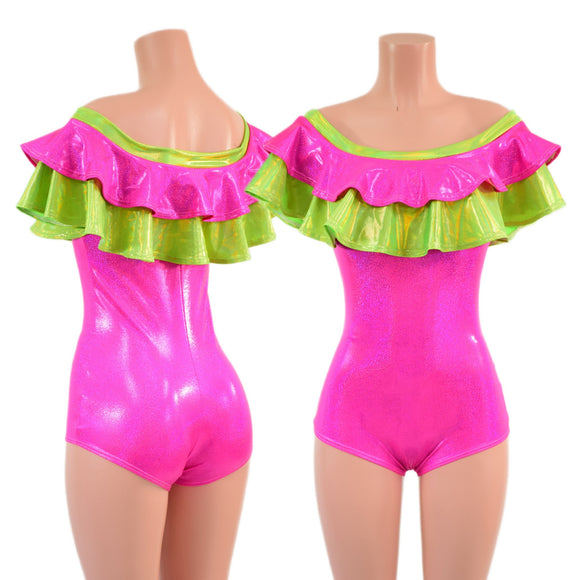 Off Shoulder Double Ruffle Romper with Boy Cut Leg - Coquetry Clothing