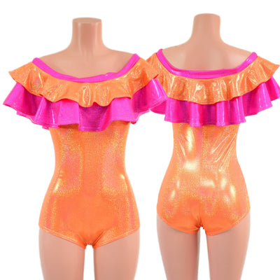 Off Shoulder Double Ruffle Romper with Boy Cut Leg - Coquetry Clothing