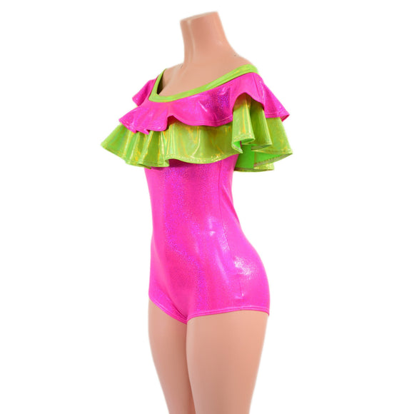 Off Shoulder Double Ruffle Romper with Boy Cut Leg - Coquetry Clothing