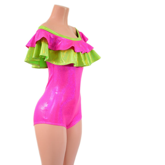 Off Shoulder Double Ruffle Romper with Boy Cut Leg - Coquetry Clothing