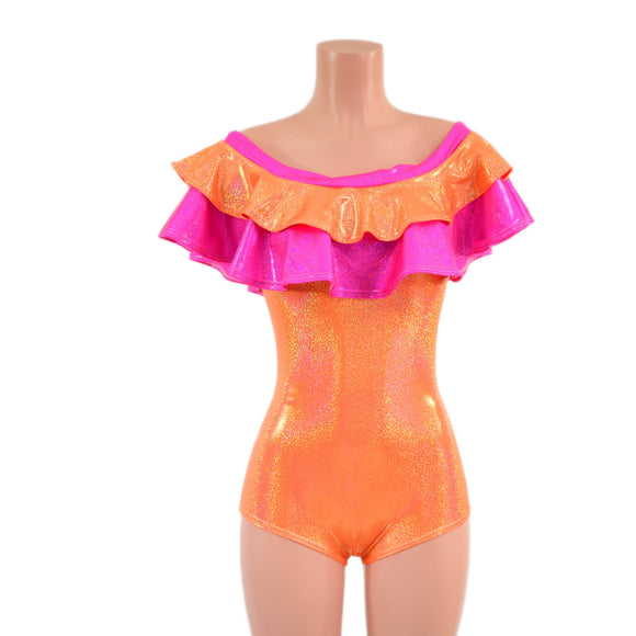 Off Shoulder Double Ruffle Romper with Boy Cut Leg - Coquetry Clothing