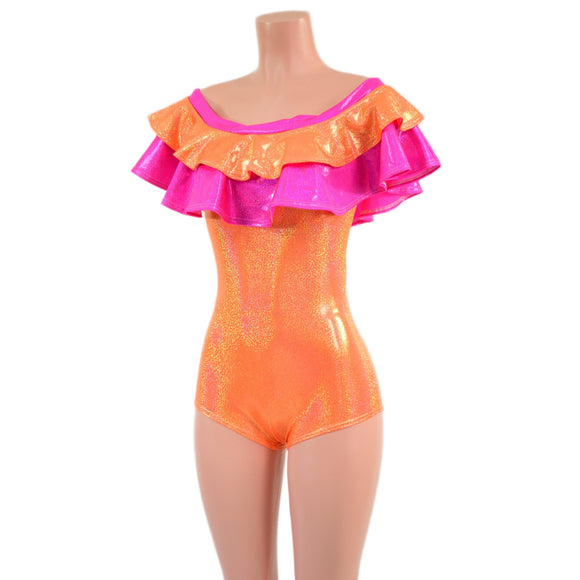 Off Shoulder Double Ruffle Romper with Boy Cut Leg - Coquetry Clothing