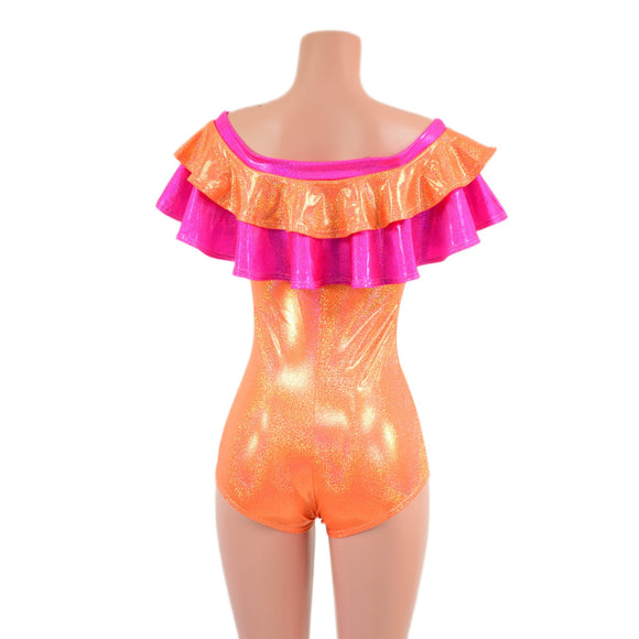 Off Shoulder Double Ruffle Romper with Boy Cut Leg - Coquetry Clothing