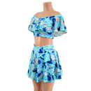 Off Shoulder Ruffled Crop and 15" Circle Cut Mini Skirt in Lapis Lagoon - Coquetry Clothing