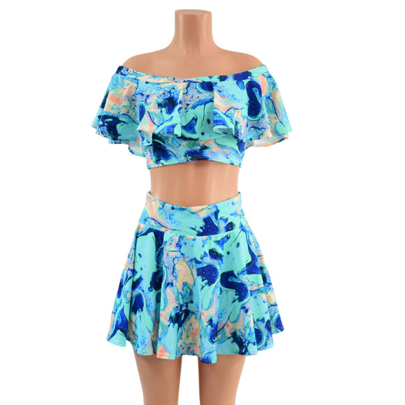 Off Shoulder Ruffled Crop and 15" Circle Cut Mini Skirt in Lapis Lagoon - Coquetry Clothing