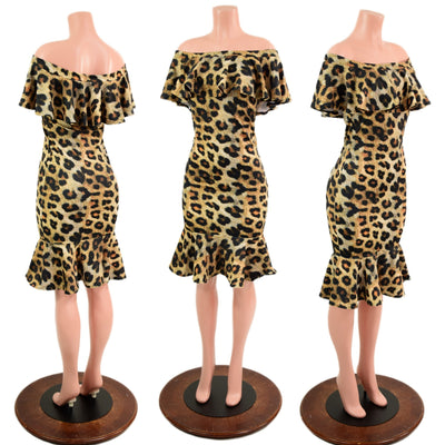 Off Shoulder Ruffled Wiggle Dress in Leopard Print - Coquetry Clothing