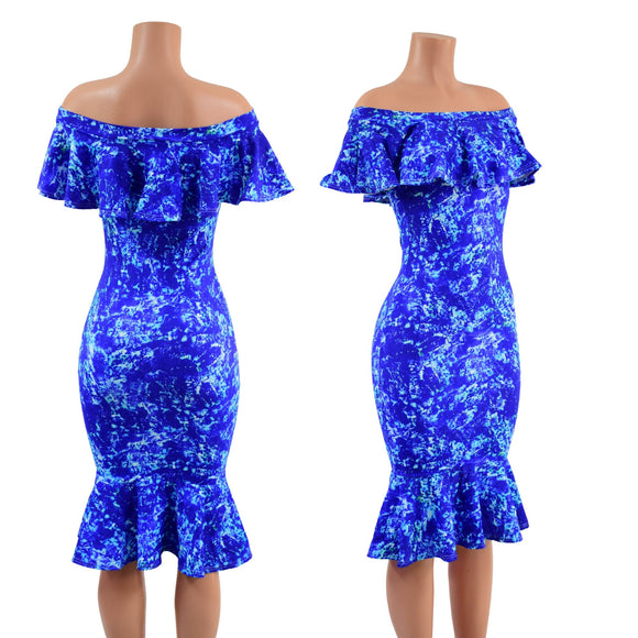 Off Shoulder Ruffled Wiggle Dress in TidePool - Coquetry Clothing