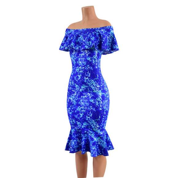 Off Shoulder Ruffled Wiggle Dress in TidePool - Coquetry Clothing