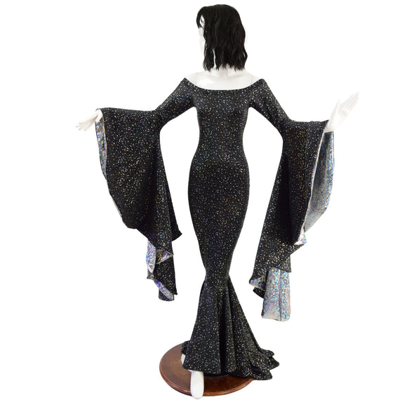Off Shoulder Star Noir Sorceress Sleeve Gown with Scoop Neck and Silver Kaleidoscope Sleeve Linings - Coquetry Clothing