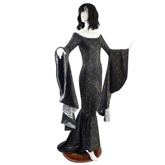 Off Shoulder Star Noir Sorceress Sleeve Gown with Scoop Neck and Silver Kaleidoscope Sleeve Linings - Coquetry Clothing