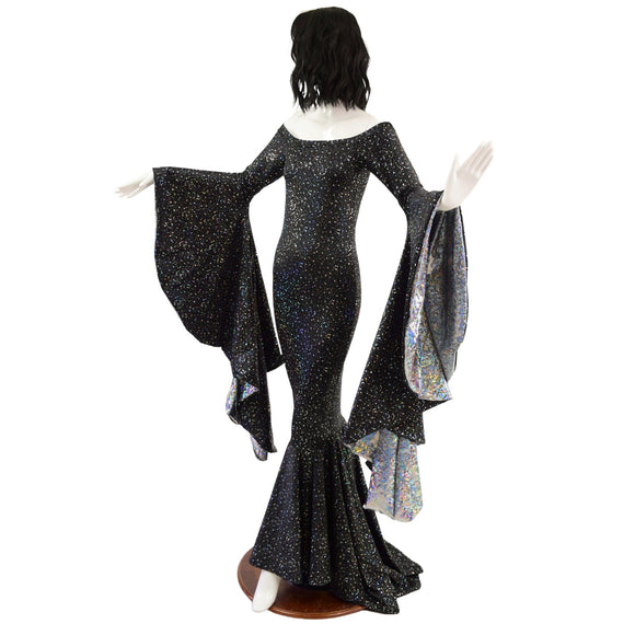 Off Shoulder Star Noir Sorceress Sleeve Gown with Scoop Neck and Silver Kaleidoscope Sleeve Linings - Coquetry Clothing
