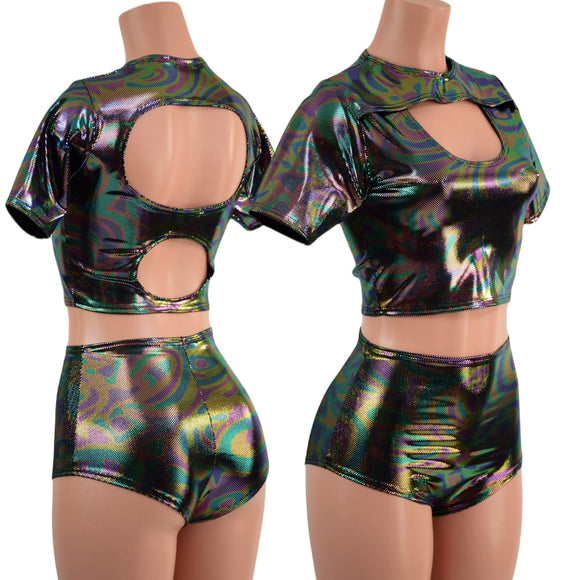 Oil Slick Nirvana Top and High Waist Siren Shorts Set - Coquetry Clothing