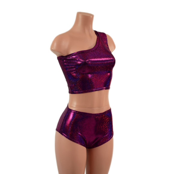 One Shoulder Crop Top and Midrise Siren Shorts Set - Coquetry Clothing