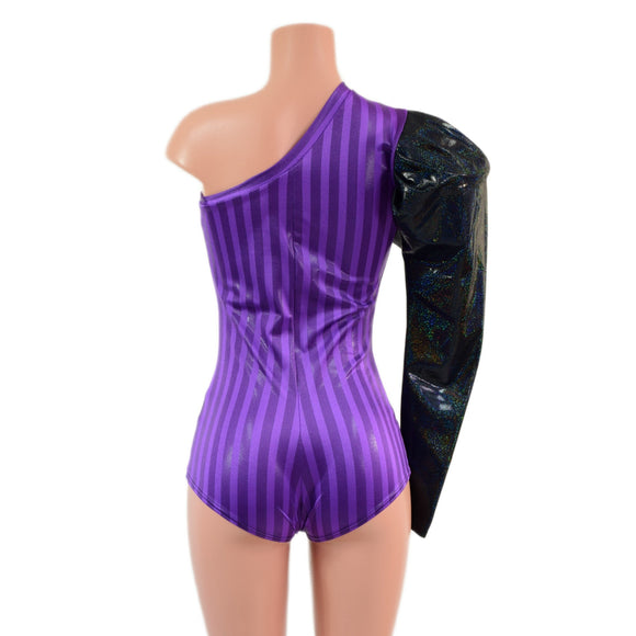 One Shoulder Romper with Victoria Sleeve and Siren Cut Leg - Coquetry Clothing