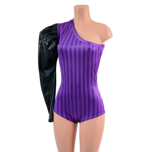 One Shoulder Romper with Victoria Sleeve and Siren Cut Leg - Coquetry Clothing