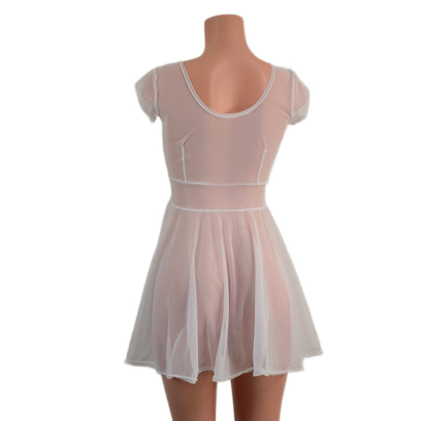 Sheer White Mesh Cap Sleeve Skater Dress - 2