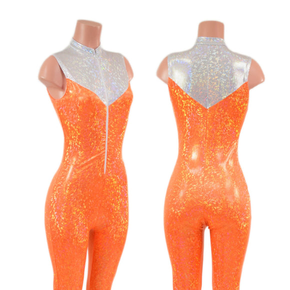 Orange Kaleidoscope Catsuit with White Kaleidoscope Yoke - Coquetry Clothing