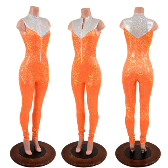 Orange Kaleidoscope Catsuit with White Kaleidoscope Yoke - Coquetry Clothing