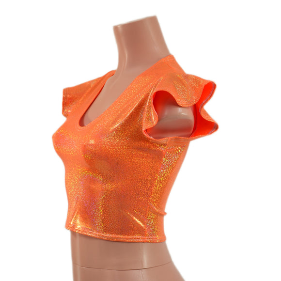 Orange Sparkly Jewel Flip Sleeve Crop Top with Scoop Neck - Coquetry Clothing