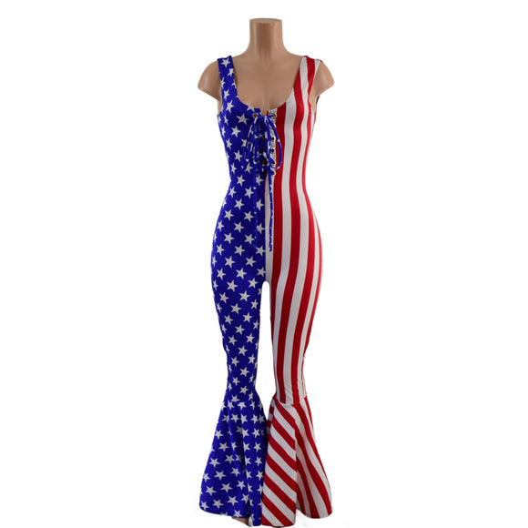 Patriotic Catsuit with Bell Bottoms and Laceup Neckline - Coquetry Clothing
