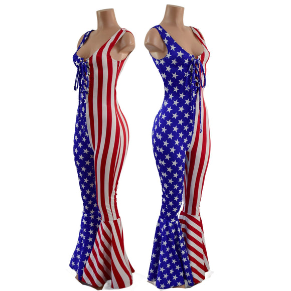 Patriotic Catsuit with Bell Bottoms and Laceup Neckline - Coquetry Clothing