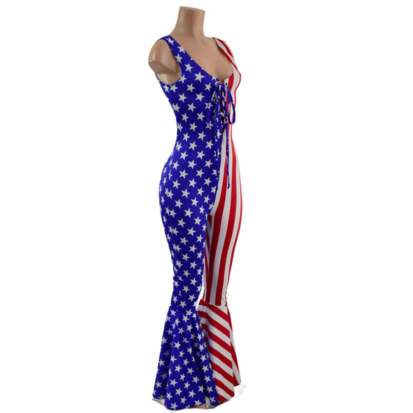 Patriotic Catsuit with Bell Bottoms and Laceup Neckline - Coquetry Clothing