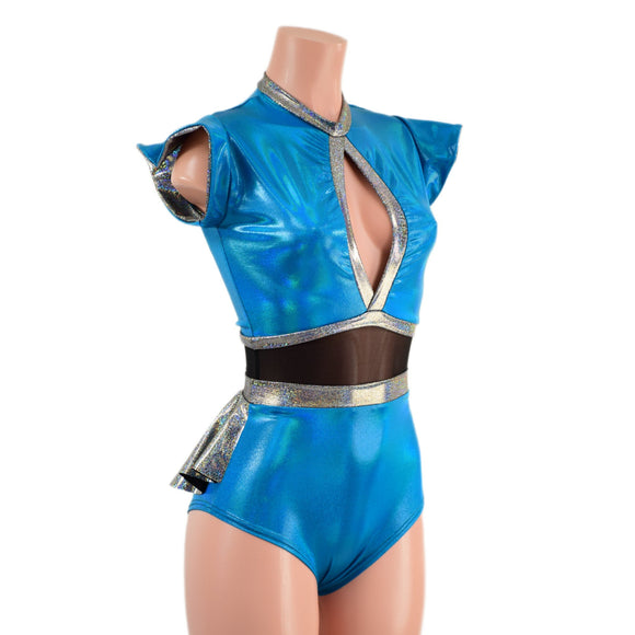 Peacock and Silver Keyhole Romper with Mesh Waistband and Ruffle Rump - Coquetry Clothing