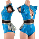 Peacock and Silver Keyhole Romper with Mesh Waistband and Ruffle Rump - Coquetry Clothing