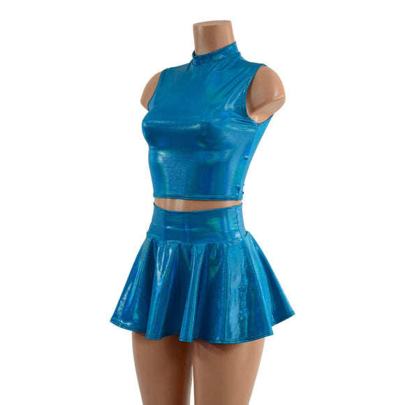 Peacock Blue Crop Top & Circle Cut Skirt Set - Coquetry Clothing