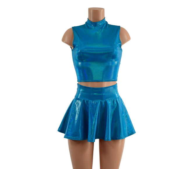 Peacock Blue Crop Top & Circle Cut Skirt Set - Coquetry Clothing