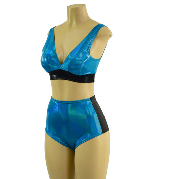 Peacock Blue Holographic and Black Mystique Siren & Starlette Set - Coquetry Clothing
