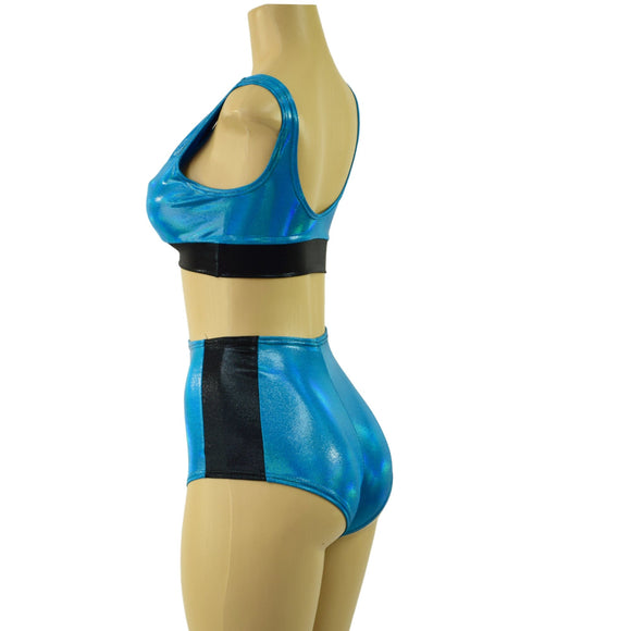 Peacock Blue Holographic and Black Mystique Siren & Starlette Set - Coquetry Clothing