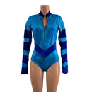 Peacock Holo and Sapphire Velvet V Front Color Blocked Stella Romper - Coquetry Clothing